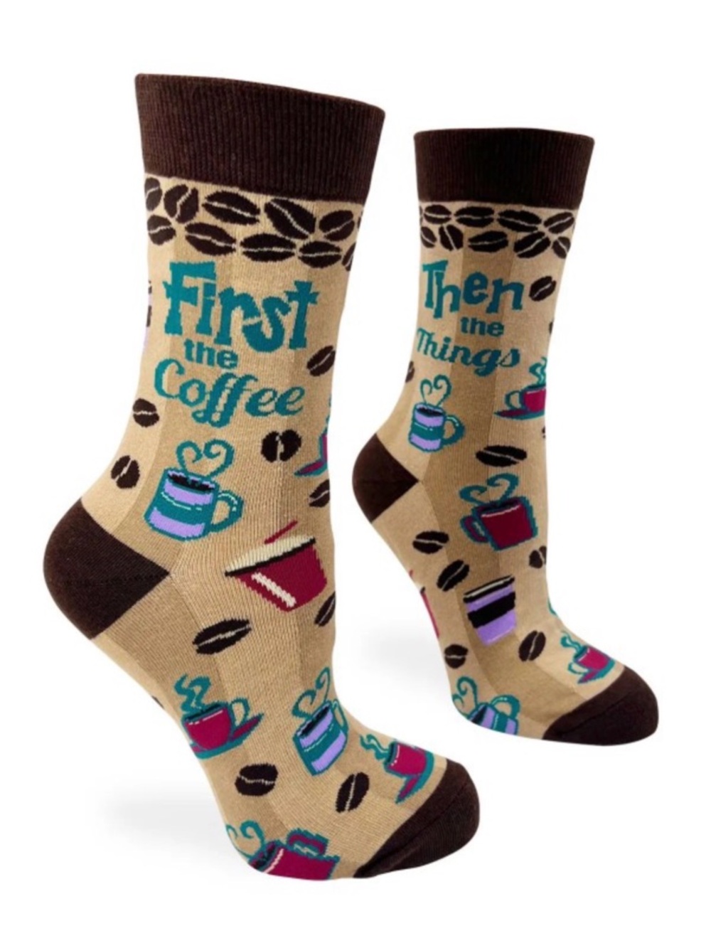 •First the Coffee• Tan & Brown Coffee Lovers Unisex Novelty Crew Socks
